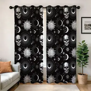 Gothic Style Blackout Curtains, Sunscreen Drapes with Moon and Skull Prints, Noise-Reducing Privacy Curtain,2 Panels with Grommets