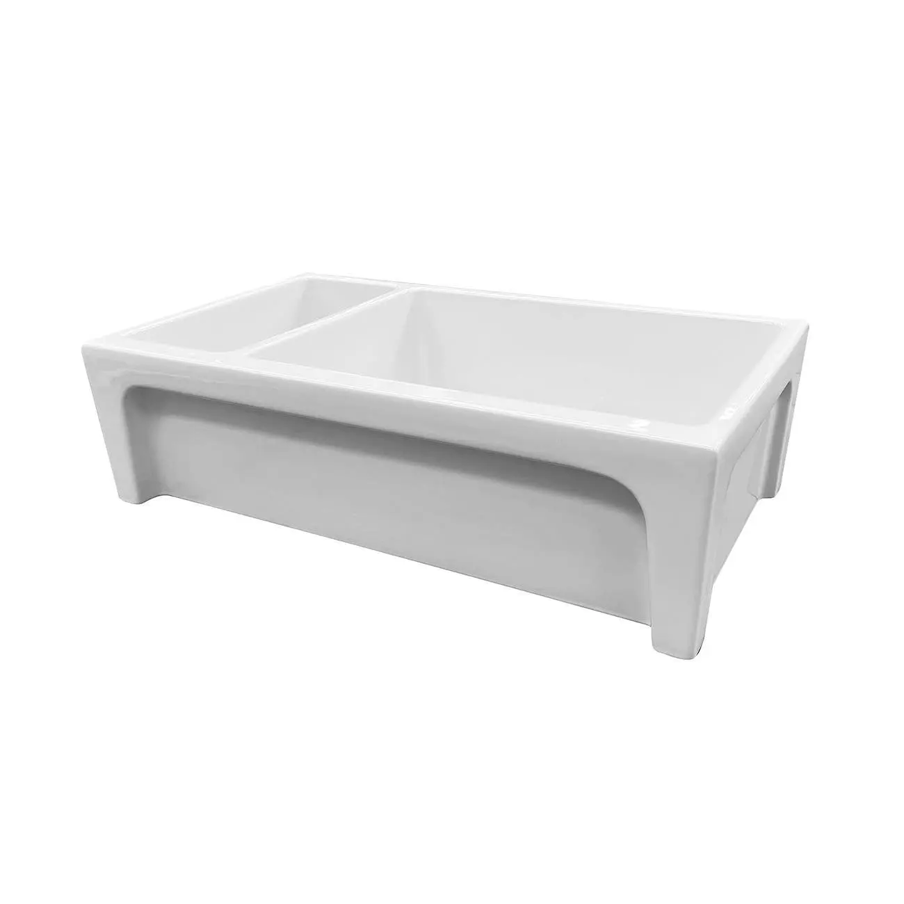 36-Inch White Double Bowl Fireclay Material Farmhouse Sink with Reversible Apron, Concave Front for Kitchen Countertop