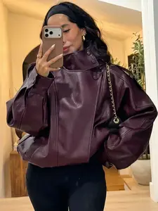 Women's Faux Leather Motorcycle Jacket, Spring Mid-Season Asymmetric Zip Streetwear Outerwear, Black and Brown Long-Sleeve Jacket