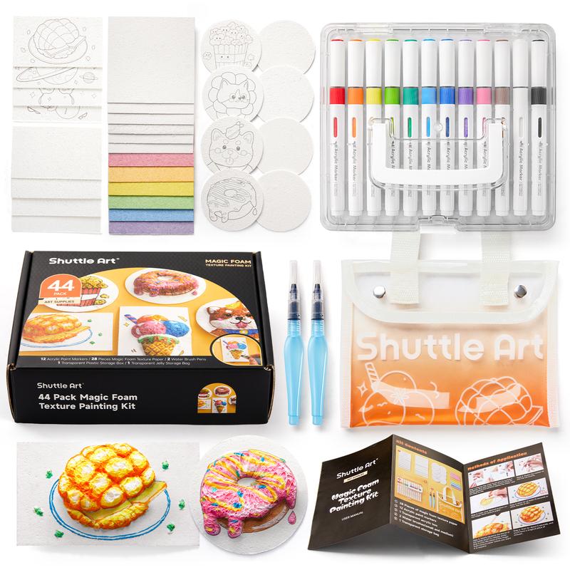 Bundle Clearance 44 Pcs Magic Foam Texture Painting Kit, Including 28 Pcs Foam Texture Paper, 12 Colors Brush Tip Automatic Ink Control Acrylic Paint Markers, Magical 3D Effect Painting Kit for DIY Arts,toys, toy,Crafts,gift, Handcraft, Handicraft
