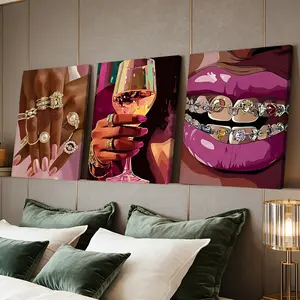3 Counts Wooden Framed Canvas Painting, Glamorous Jewelry And Wine Glass Art Images, Exquisite Poster, Perfect Living Room Decoration, Modern Art, Fashion Family Poster, Wall Art Decoration, Waterproof Art