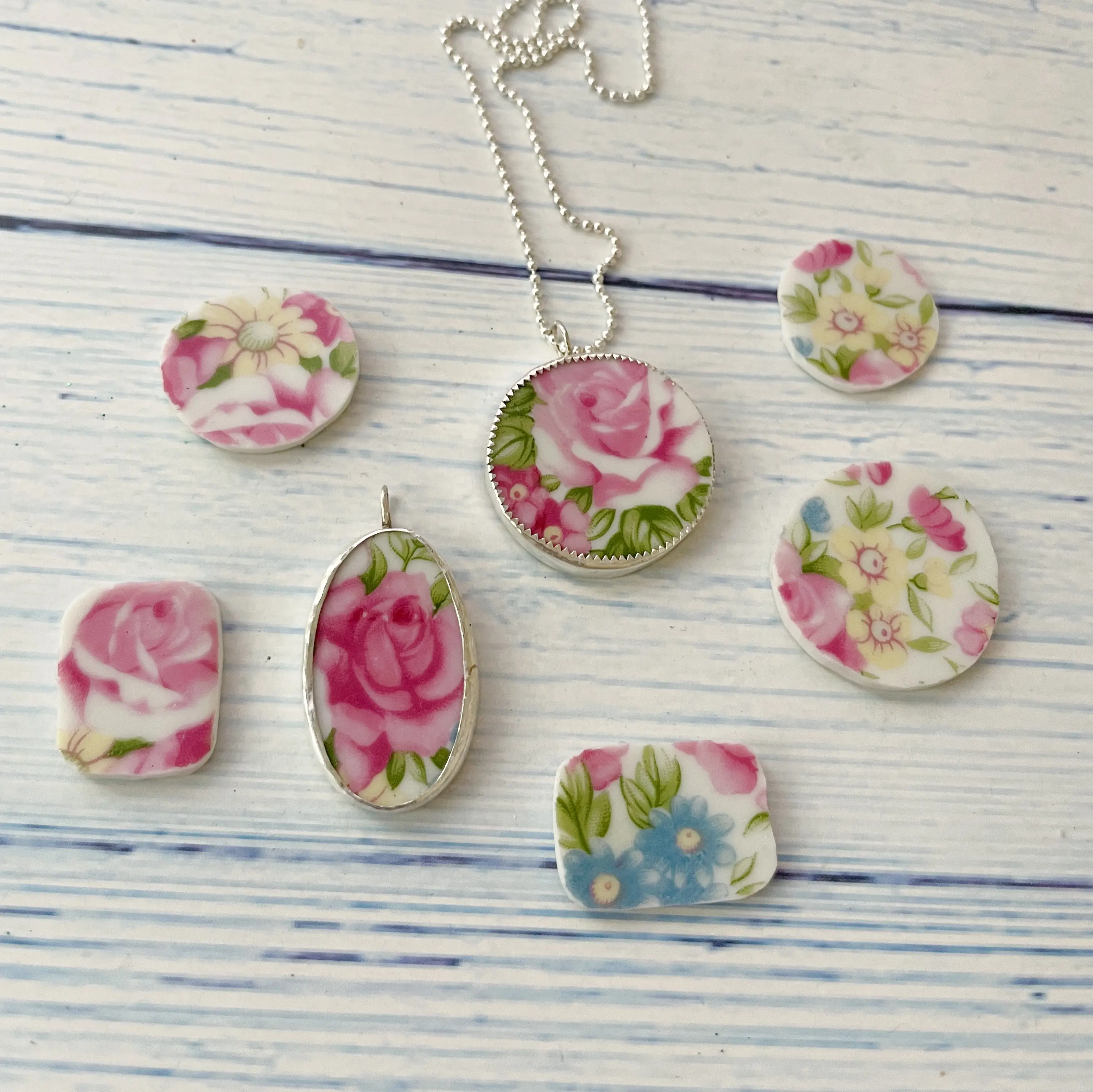 Frosted Willow Floral Ceramic Pendant Necklace Jewelry Rose Buttercup Daisy Red Flower OOAK Gift for her