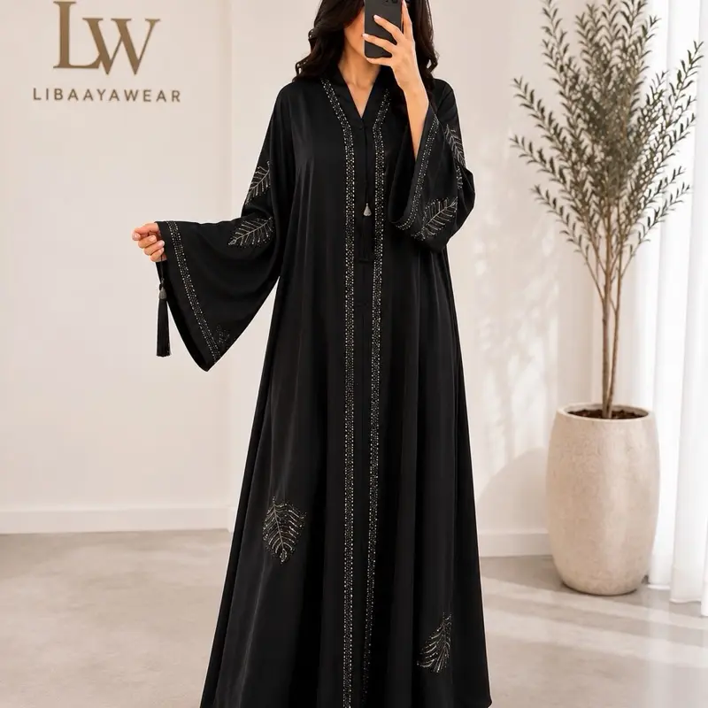 Luxury Black Stone Work Open Front Abaya | Premium Modest Wear |