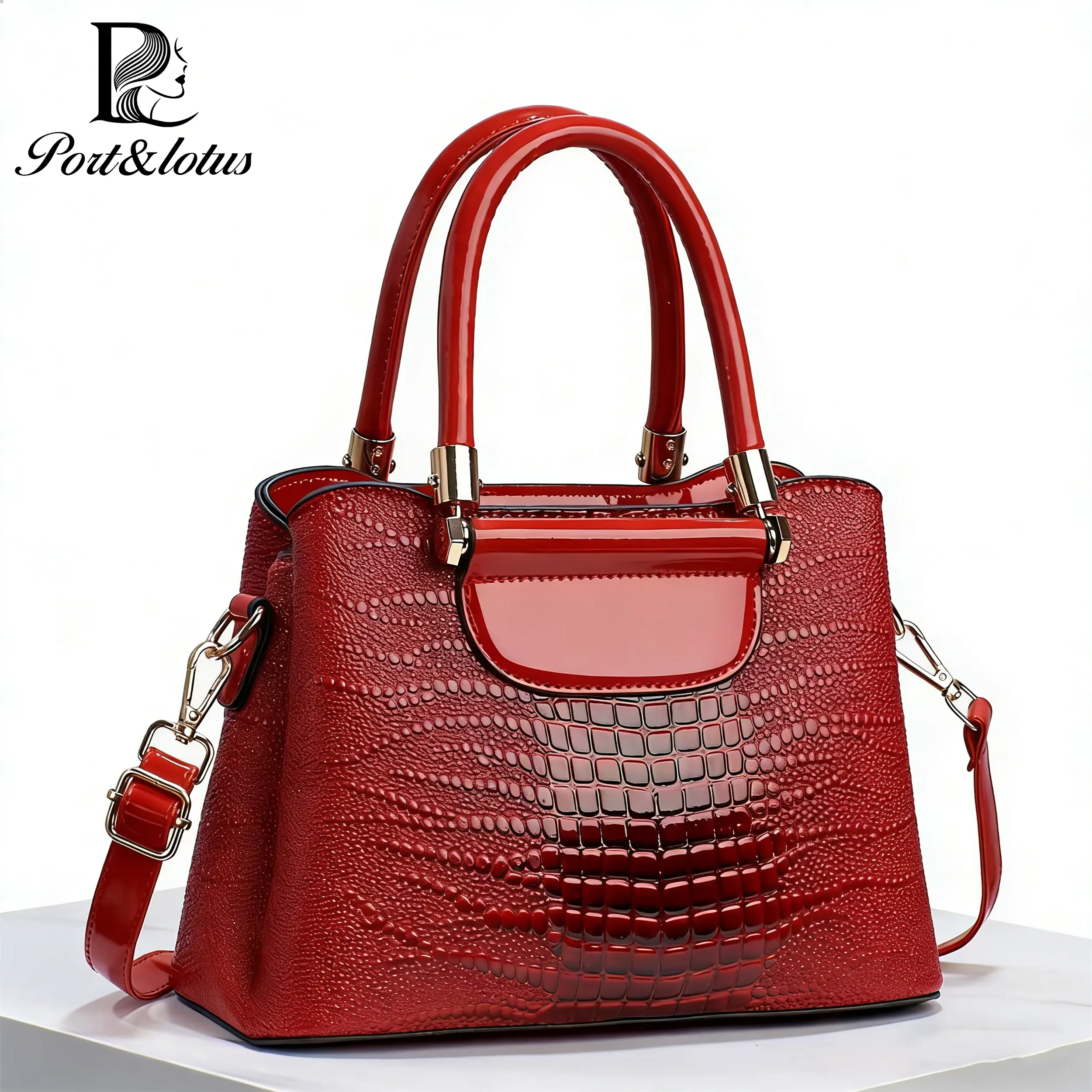 PORT&LOTUS Women's Elegant Croco Emboss Crossbody Purse, Small Top Handle Handbag with Adjustable Strap, Feminine Aesthetic Luxury Finds