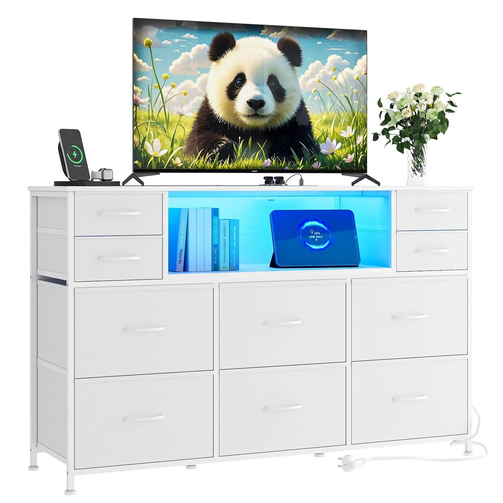 10-Drawer Dresser TV Stand with LED Lights & Power Outlets, Fabric Storage Chest for TVs up to 55in, White