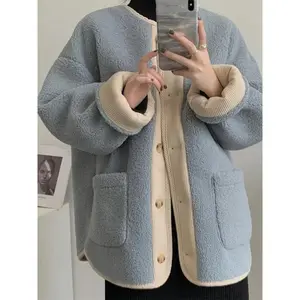 2024 Winter New Women’s Petite Loose Fit Thickened Mid-Length Lamb Wool Jacket with Integrated Deer Skin Fleece, Korean Style