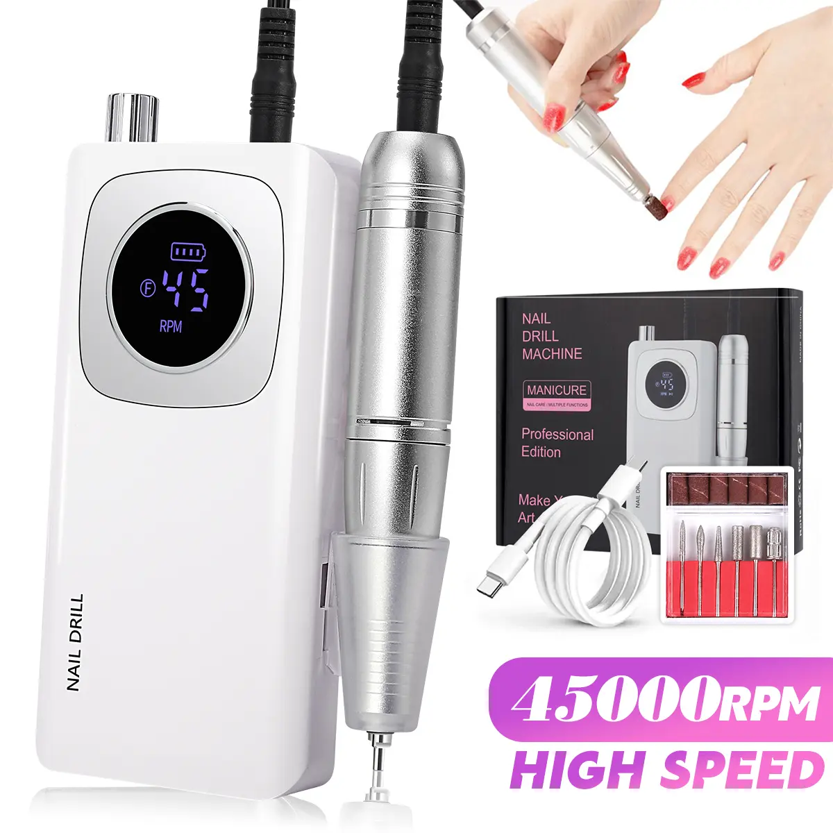 Professional Electric Nail Drill Machine 45000RPM, High Speed Nail File Kit with Drill Bits & Sanding Bands, for Acrylic Nails, Gel Removal, Polishing & Pedicure, Salon & Home