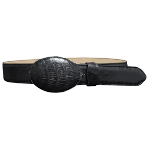 Men's Western Belt Faux Crocodile Belly Design Genuine Cattle Leather Belt with Round Buckle - Cinturon Vaquero