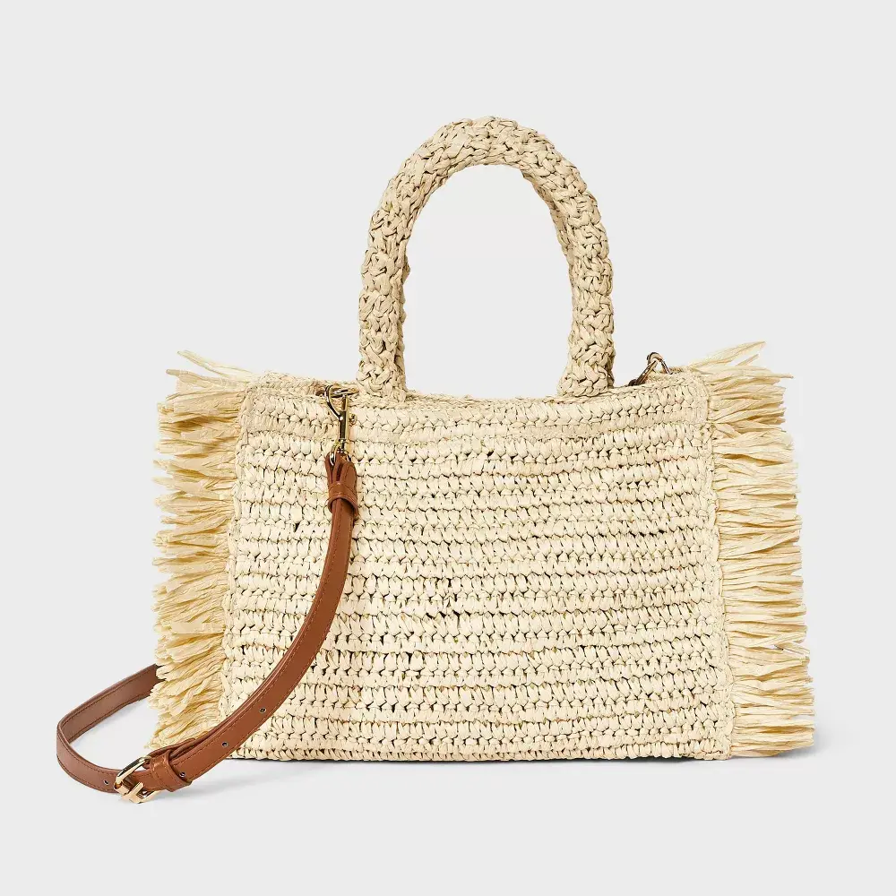 Women's Fashionable Straw Bag - Casual, Small, Unstructured, Paper Shell, Fringe, Detachable Adjustable Strap, Magnetic Closure, One Size Crossbody Purse Tote Handbag - Universal Thread Natural