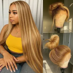 38 40 Inch 200% Density P4/27 Highlight Bone Straight 13x4 HD Lace Frontal Wigs Human Hair Brazilian Ombre Honey Blonde Colored Human Hair Wig For Women Parties Travel Birthday Celebrations Cosplay Graduations Weddings Back To School Daily Life