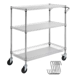 【fathersdaygift】VEVOR Kitchen Utility Cart, 3 Tiers, Wire Rolling Cart with 661LBS Capacity, Steel Service Cart on Wheels, Metal Storage Trolley with 80mm Basket Curved Handle PP Liner 6 Hooks, for Indoor and Outdoor Organiser Racks