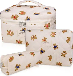 3 Pack Quilted Bear Print Makeup Bags, Large Capacity Cosmetic Travel Bags, Portable Toiletry Organizer Pouch with Handle, Cute Pencil Case for Women, Multi-use Makeup Storage Set for Travel Home