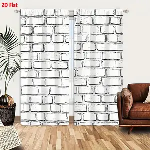 2D Flat Vintage White Brick Pattern Curtain 2-Piece Set, Textured Weathered Brickwork Design, Minimalist Light Gray/White Uniform Bricks, Seamless Repeating Wallpaper-Like Background, Bright Airy Minimalist Home Decor