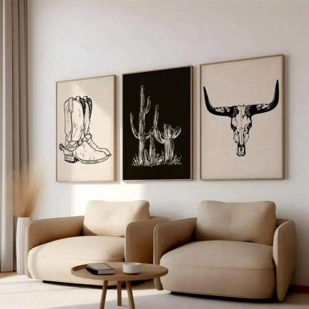 3 Pieces Western Cowboy Art Prints, Canvas Art, Southwestern Print Canvas, Wild West Black and White Wall Mural, Vintage Home Art, Gallery Decor, Monochrome Poster, Wall Decor for Living Room, Framed or Unframed, Western Skull Graphics