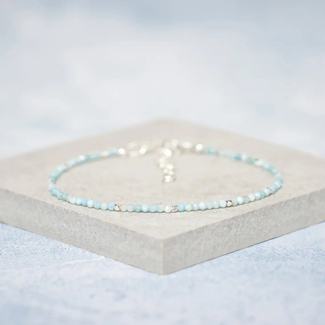 Natural Larimar Crystal Bracelet 2mm Pectolite Stone Dainty Bracelet Delicate Blue Faceted Gemstone Beaded Bracelet Anklet Minimalist Style for Women Handmade Adjustable
