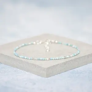Natural Larimar Crystal Bracelet 2mm Pectolite Stone Dainty Bracelet Delicate Blue Faceted Gemstone Beaded Bracelet Anklet Minimalist Style for Women Handmade Adjustable