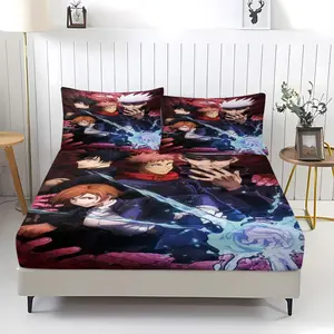 3-Piece Jujutsu Kaisen Bedding Set, Comfortable Printed Design, Includes 1 Fitted Sheet & 2 Pillowcases, Non-Slip, Perfect Gift
