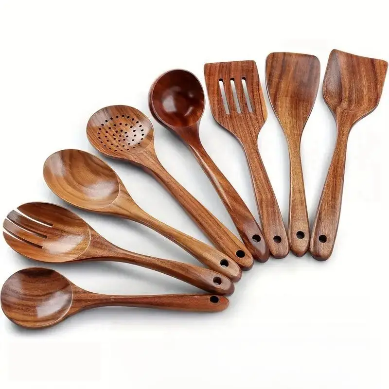 Wooden Kitchen Utensils Set, 8 Counts/set Wooden Spoon & Spatula Set, Kitchen Utensils Set for Non-stick Pan, Kitchen Accessories