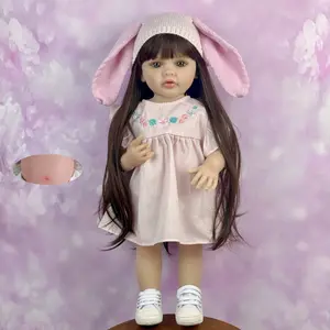 TopLink 55 CM Full Vinyl Body Reborn Baby Doll Toy For Girl Black Long Hair Princess Toddler Babies Doll Lifelike Birthday Gift Play House Bath Toy