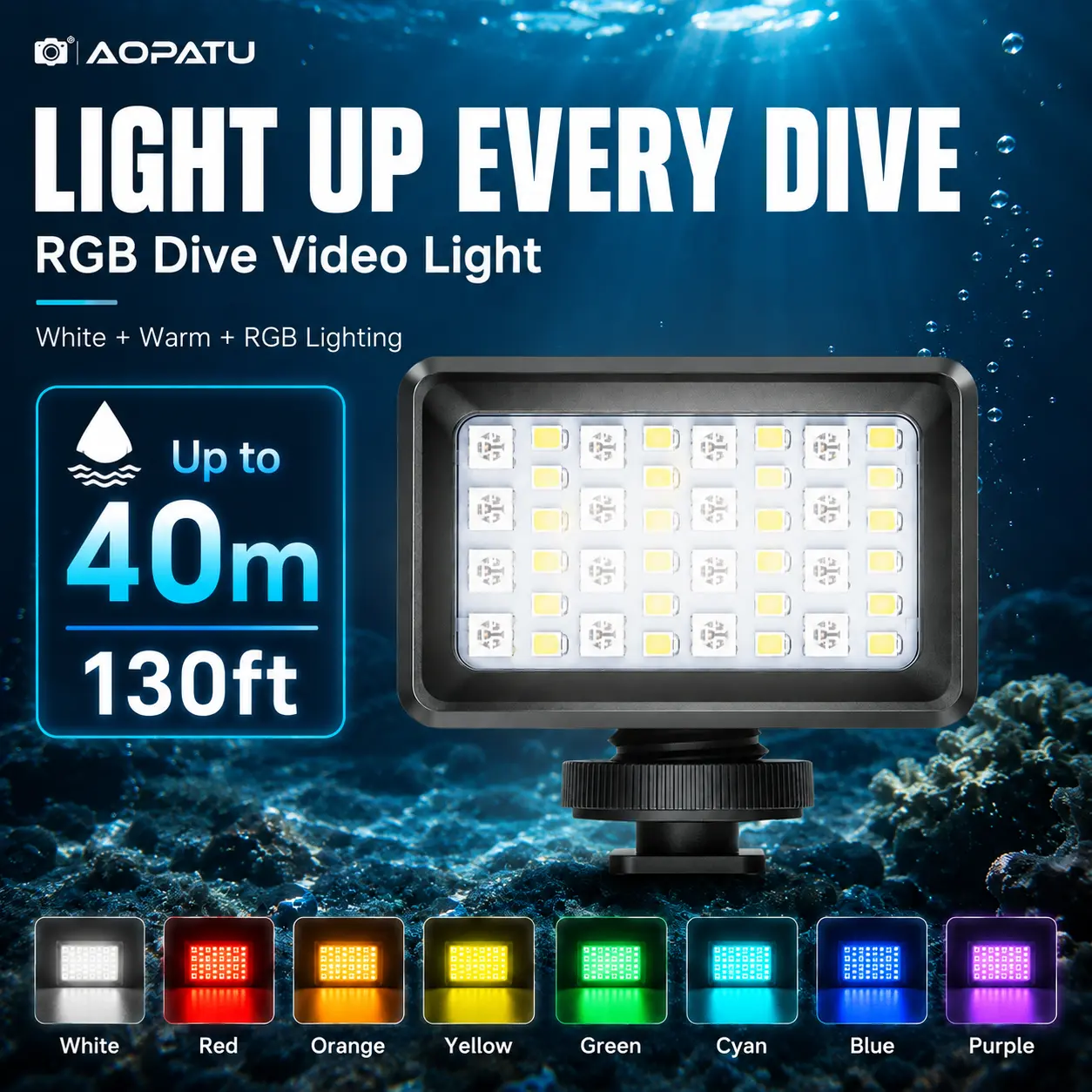 AOPATU RGB Dive Video Light - 40 LEDs, White/Warm + 7 RGB Colors, 40m Waterproof, Type-C Charge Underwater Camera Accessory