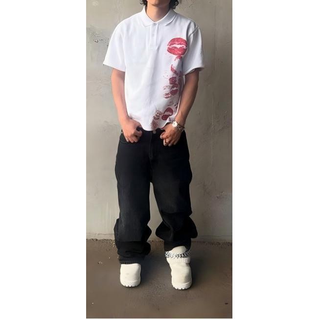 Y2K Polo Shirt Harajuku Graphic Print Rock Goth Oversized Short Sleeve T-Shirt Hip Hop Button-Down Collar Shirt Punk Casual Tee