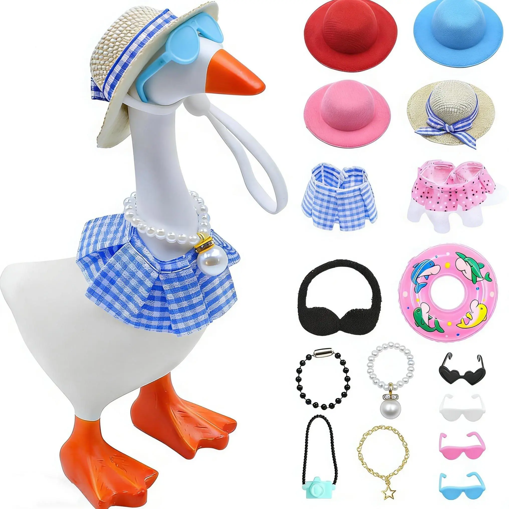 16PCS Mini Desk Goose Clothes with Hats, Sunglasses, Bikini,Swimming Ring, Dresses for Magnetic Porch Goose Key Holder Decor & Office Gifts