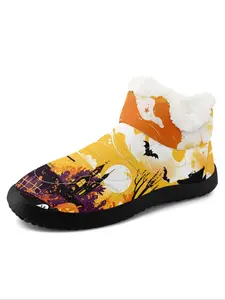 Halloween Men's Fashion Warm Fur Halloween Loafers, Versatile Cozy Pumpkin Design Slip-On Casual Sneakers for Fall and Winter