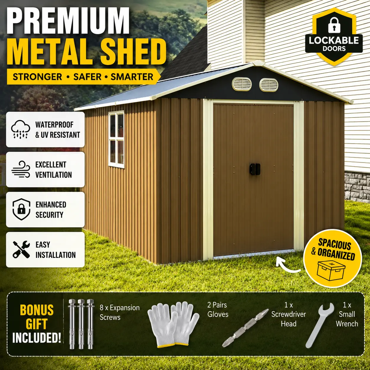 8x12ft Heavy-Duty Metal Garden Shed - Waterproof, Weather-Resistant, Breathable Outdoor Storage Unit with Lockable Door for Enhanced Security, Functional Organizer for Yard Tools & Sports Gear