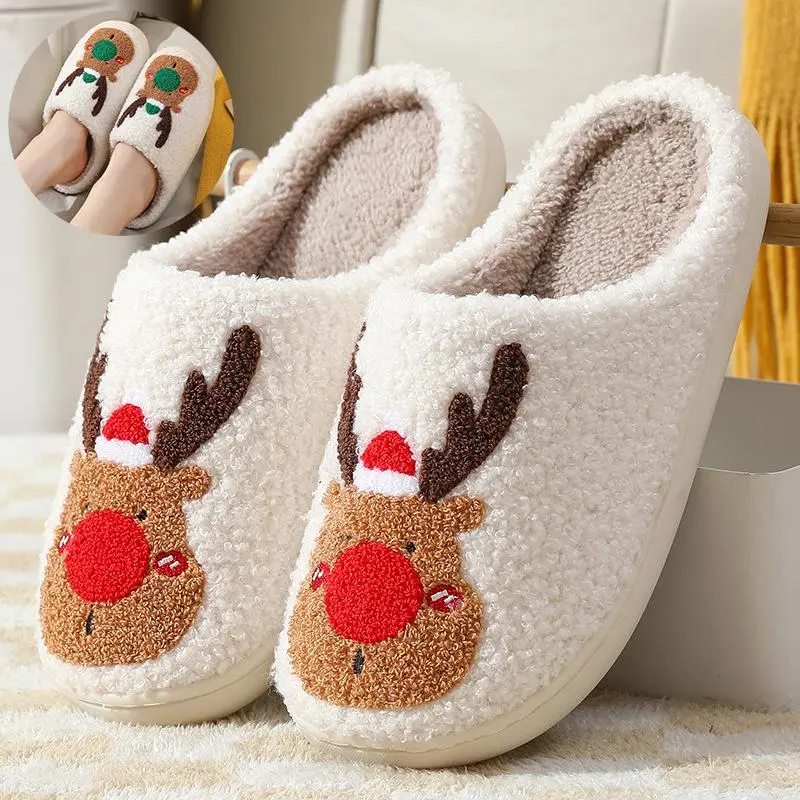 Christmas Shoes Winter Home Slippers Elk Soft Cozy Round Toe Plush Upper & Sole Anti Slip Warm House Shoes for Men Women