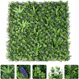 3Pcs 39.37"X39.37" PE Artificial Grass Wall Panel, Eucalyptus & Purple Flower Mixed Foliage, Easy DIY Privacy Screen with Zip Ties for Indoor Outdoor Home Garden Wedding Decor