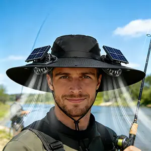 Solar outdoor fishing hat with 2 fans, wide brim for summer sun protection, bucket hat style, quick-drying, rechargeable, adjustable headband, cool and breathable, high airflow, long battery life, suitable for various outdoor activities.