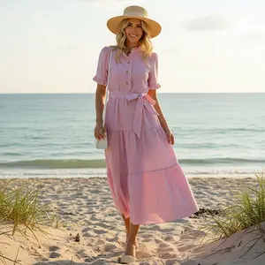 ETCYY Women’s Striped Summer Dress, Elegant Ruffled Sleeve Button Down Tie Waist Maxi Sundress, Dresses for Women Summer, Wedding Guest Dresses, Graduation Dress, Spring Dresses 2026, Women’s Clothing,SummerVibes