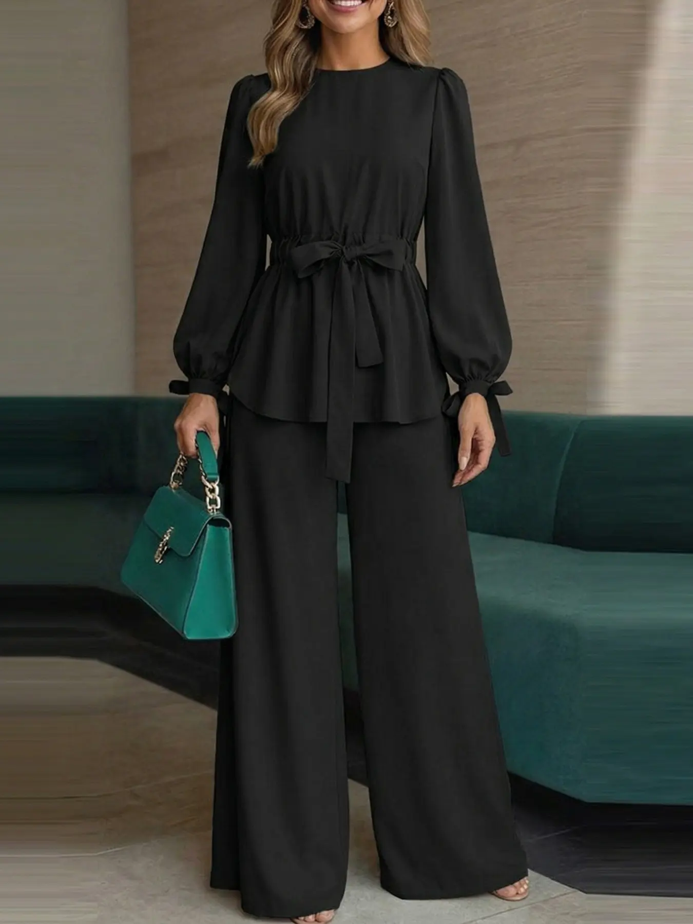 ZANZEA Two-piece Set Women's Solid Bishop Sleeve Knot Top & Elastic Waist Pants Islamic Set, Fashion Muslim Set, Modest Casual High Low Top & Wide Leg Trousers for Daily Wear, Ladies Islamic Clothing for All Seasons, Palazzo Pants, Matching Outfit Set