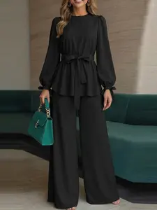 ZANZEA Two-piece Set Women's Solid Bishop Sleeve Knot Top & Elastic Waist Pants Islamic Set, Modest Casual High Low Top & Wide Leg Trousers for Daily Wear, Ladies Islamic Clothing for All Seasons, Palazzo Pants