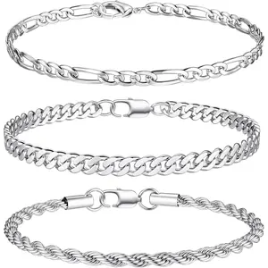 3Pcs Chain Bracelets for Men, 316L Stainless Steel Figaro Rope Cuban Link Bracelet for Men Women 14K Gold Plated/Silver Plated, Gifts for Dad Husband 6.5/7/7.5/8.3/9 Inches