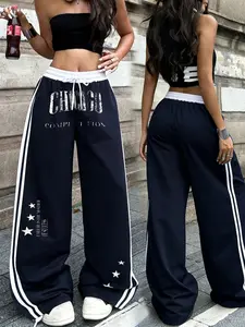 Women's Chicago Graphic Wide-Leg Sweatpants, Retro Printed High-Waisted Casual Pants with Striped Side, Streetwear Lounge Bottoms for Daily Wear, Casual Comfy Stretch