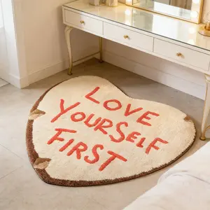 Love Yourself First Heart Carpet, Girls Bedroom Bedside Home Decorative Rug, Style Plush Fluffy Non-Slip Floor Mat, Vanity Table Foot Pad