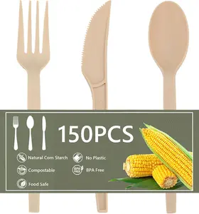 Disposable Silverware Bulk 150 Pcs, Compostable, and, Disposable Cutlery Set, Biodegradable Eating Utensils for, Wedding, Camping, Office Event (Light Brown)
