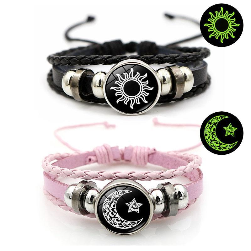 Cross-border New Product 2025 Sun Moon Lovers Leather Bracelet Vintage Punk Multi-Layer Beaded Woven Bracelet Couple Gift 17cm Chain Length PU Leather Glass Sheet Daily Wear