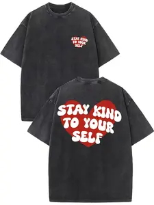 Stay Kind to Yourself "Retro style Women's pure T-shirt with heart-shaped pattern | Soft, breathable, machine washable | Casual round neck, summer off shoulder sleeve design, 230g washed retro fashion T-shirt, Women's large-sized double-sid