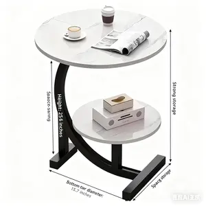 Round side table, double-tiered bedside table, small round nightstand, sturdy metal tube frame, industrial style round coffee table, suitable for living room and bedroom, vintage marble pattern in black, white, and walnut. tanker  desk mesa  portable