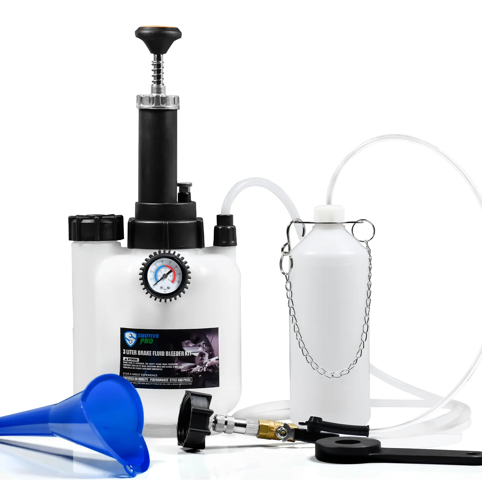 SMOTIVE PRO Heavy Duty 1-Person Brake Fluid Bleeder Kit - Manual Hand Pump with 3L Pressure Tank, 1L Waste Bottle, 60cm Transparent Hose, Adjustable Flow Control Valve, Aluminum Alloy Universal Fittings for Most Brake Master Cylinders