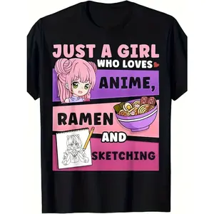 Anime Ramen and Sketch Pattern T-Shirt Unisex - 100% Cotton Short Sleeve Crew Neck Shirt Anime Otaku Culture Apparel Fun Gift and Everyday Wear Comfortable Casual Top for All Seasons (In Stock)