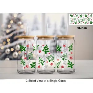 “Xmas Trees” UVDTF Wrap on a Can-Shaped Glass with Bamboo Lid and Glass Straw [XM016]