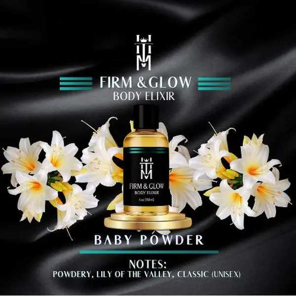 4oz Glass Firm & Glow Body Elixir Baby Powder