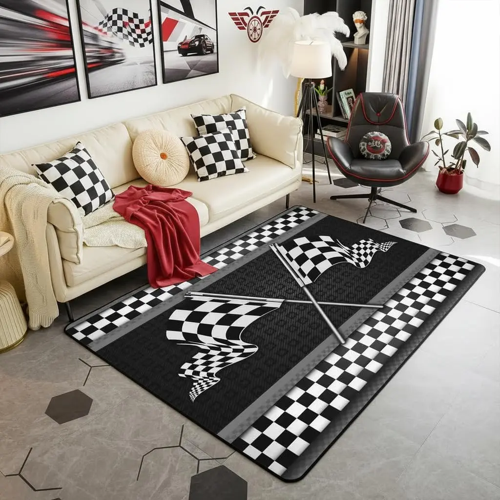 Race Car Themed Area Rug 3'x5',Black White Checkered Flag Print Non Slip Carpet Adults,Stripes Geometric Honeycomb Decor Rug for Living Room Bedroom Playroom Backyard