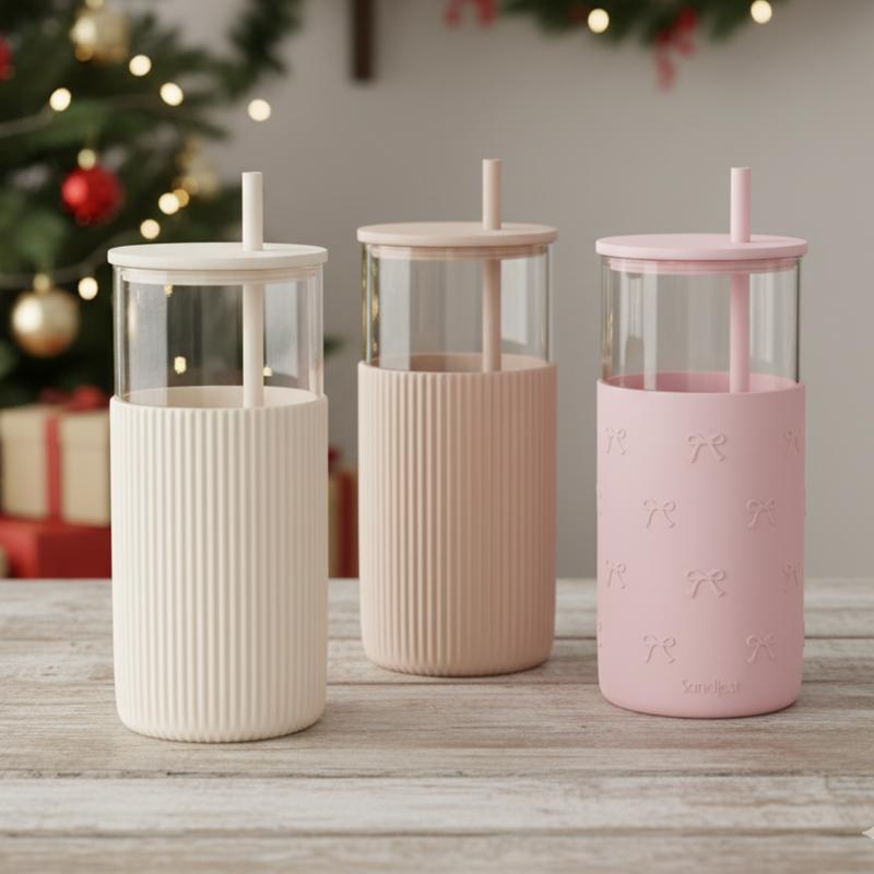 Sandjest Glass Tumbler 20oz with Straw and Lid, Glass Water Bottle with Silicone Sleeve, Smoothie Iced Coffee Cup Drinkware Home Office Christmas Gift