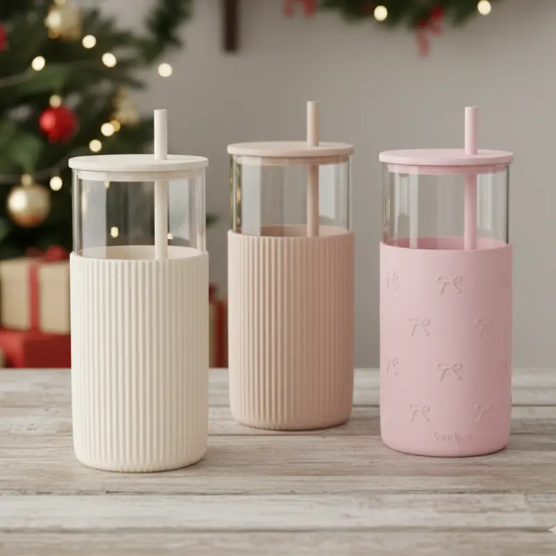 Sandjest Glass Tumbler 20oz with Straw and Lid, Glass Water Bottle with Silicone Sleeve, Smoothie Iced Coffee Cup Drinkware Home Office Christmas Gift