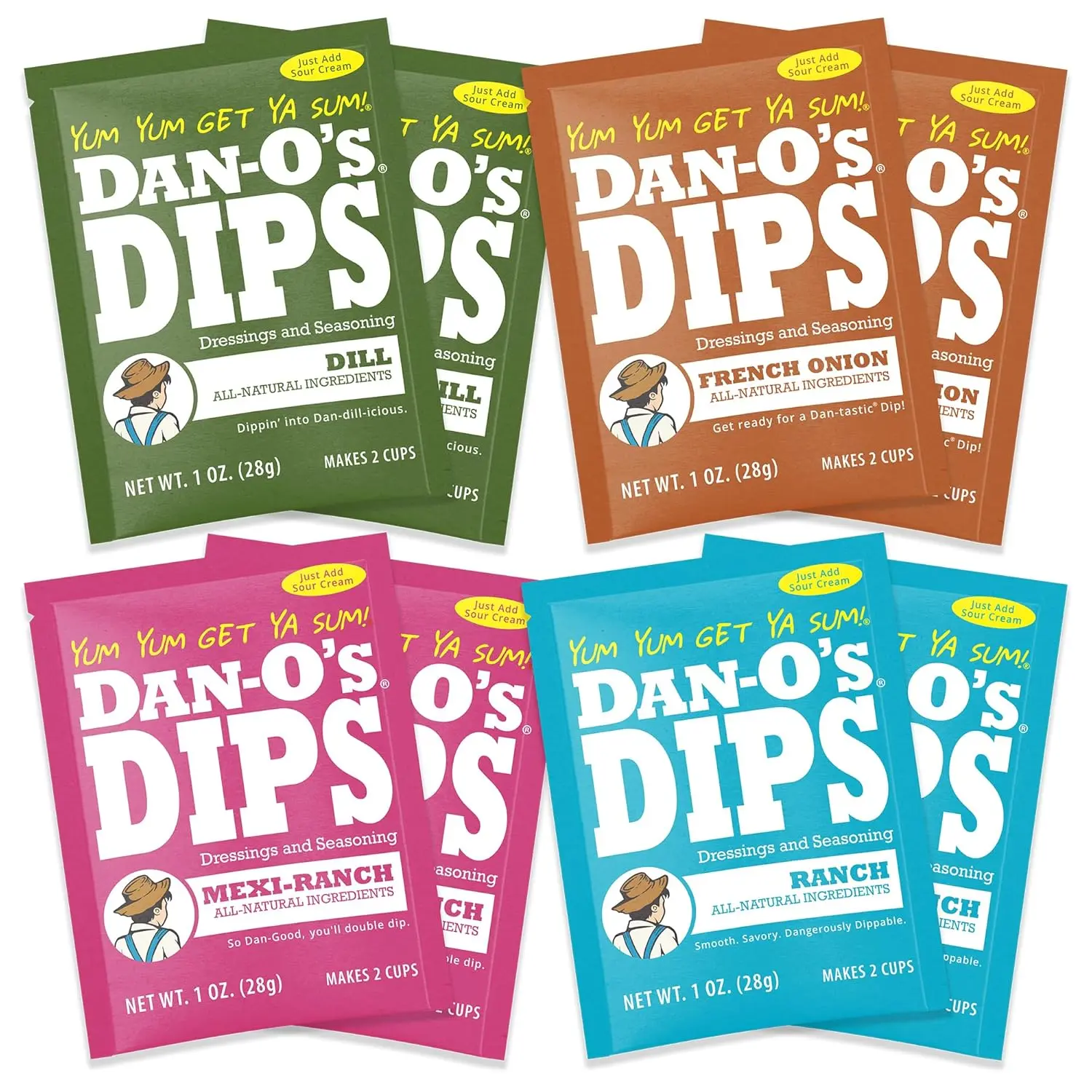 Dan-O’s Dips Variety Pack (8 Pack) – Ranch, Mexi-Ranch, French Onion & Dill Dip Mixes – All-Natural Seasoning Packets – Just Add Sour Cream or Greek Yogurt – No Artificial Ingredients