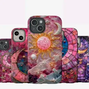 Pink Celestial Sun Moon Stars and Stars Clouds Phone Case, Faux Stained Glass Aesthetic For iPhone